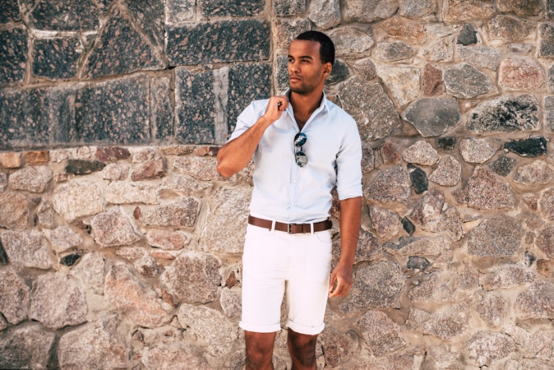 Man Button-down Shirt Leather Belt Shorts