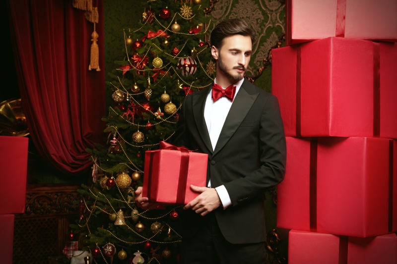 Man Tuxedo Christmas Tree Red Presents