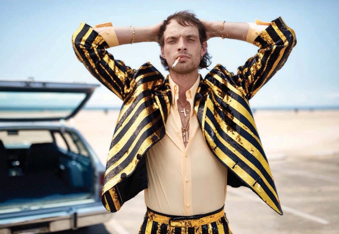 Rocky harwood esquire korea fashion editorial 2022 gold black striped suit