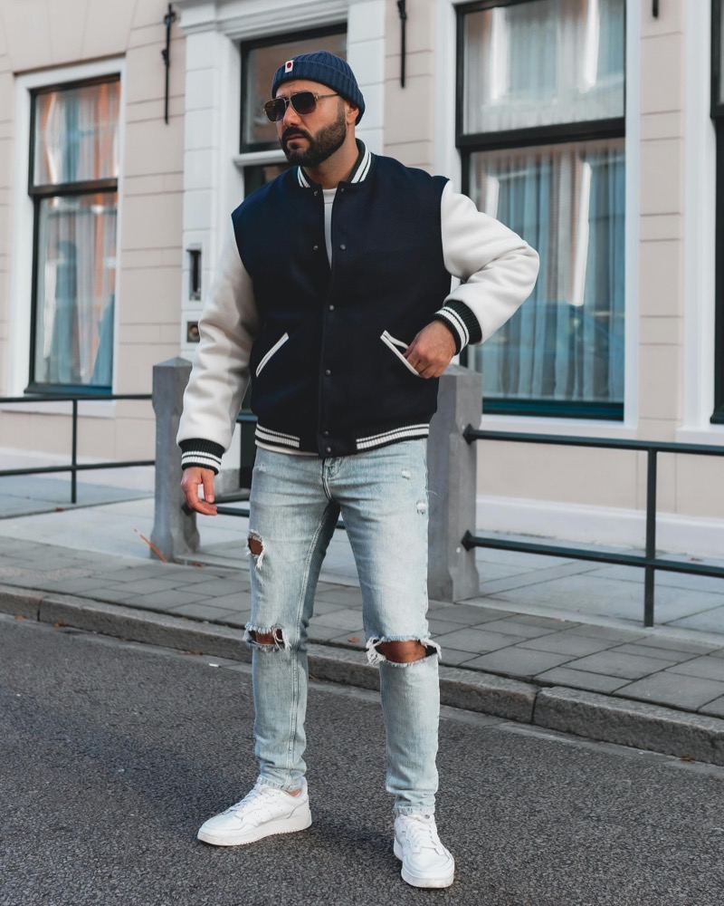A throwback jacket and distressed jeans give low tops a punch of attitude. » How to Wear Low Top Sneakers in Cool, Everyday Outfits A throwback jacket and distressed jeans give low tops a punch of attitude.