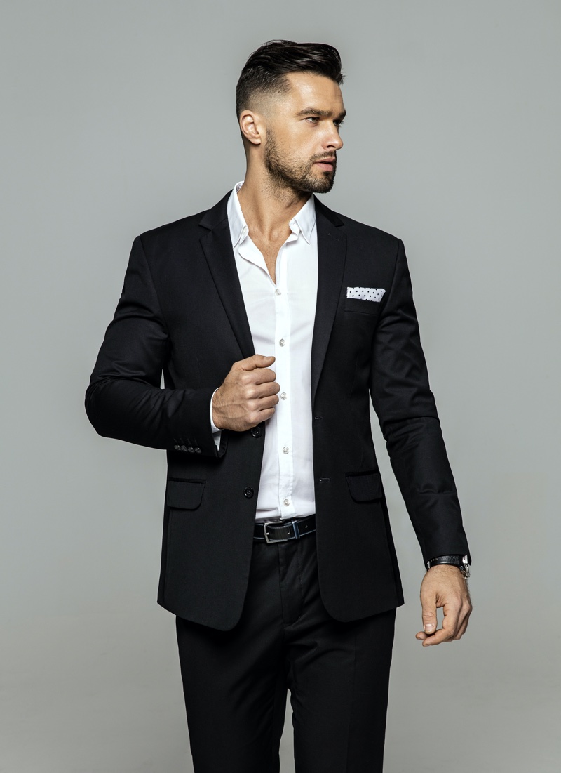 Attractive Man Black Suit White Shirt
