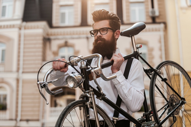 Hipster Man Beard Glasses Carrying Bicycle