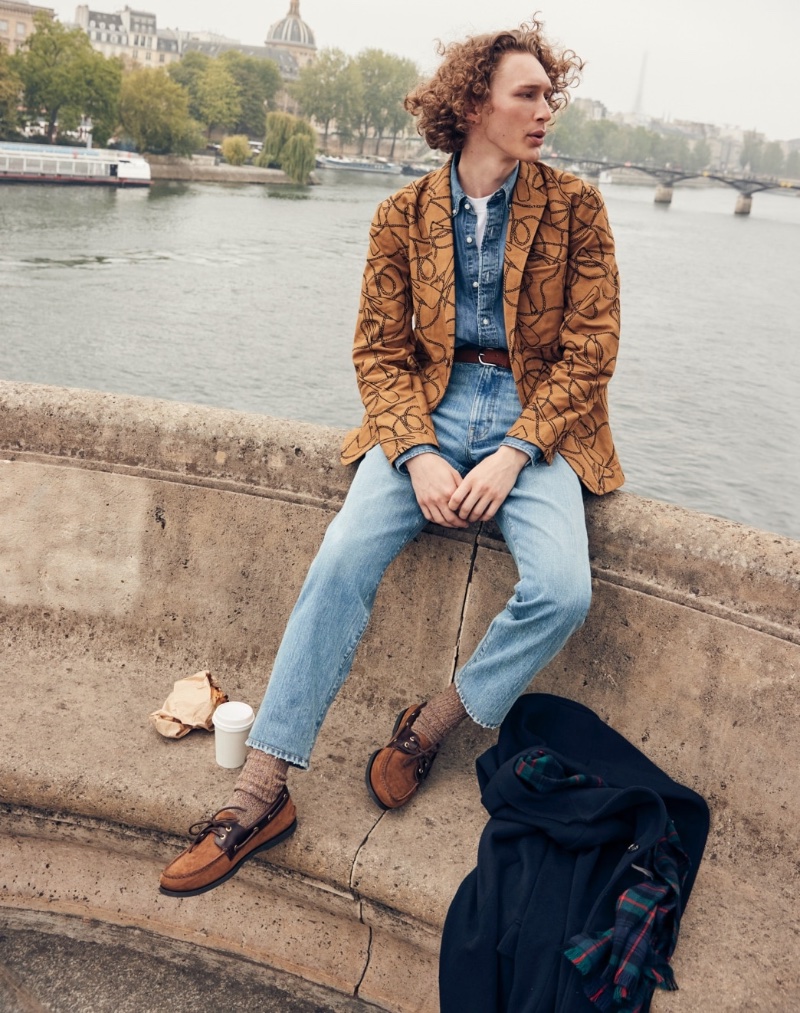 Taking in the sights of Paris, Mathis Durand wears a J.Crew rope-embroidered suit jacket, heavyweight 10 oz. denim workshirt and a suede belt with classic straight-fit jeans.