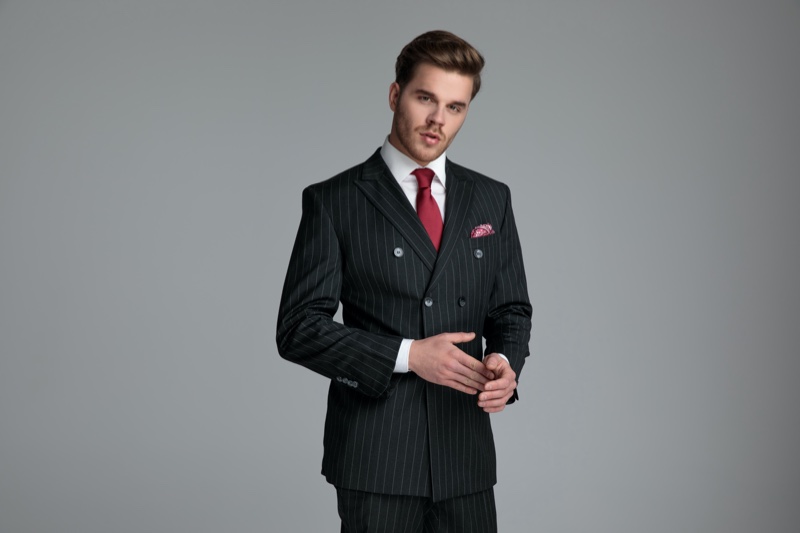 Male Model Pinstripe Suit Red Tie