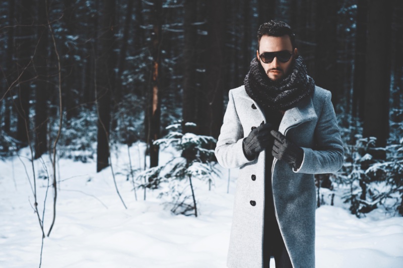 Man Winter Layers Style Coat Scarf Gloves Sunglasses