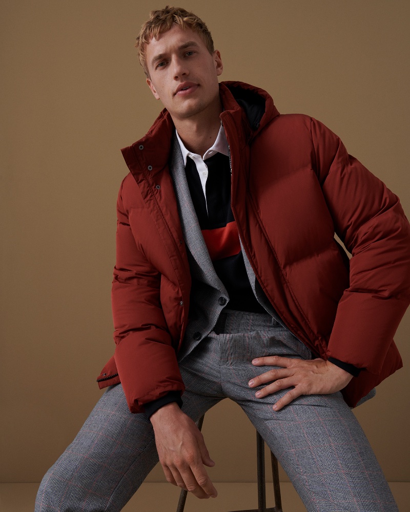 Marks & Spencer Men Fall 2022 Paul François Model Red Puffer Jacket Gray Suit