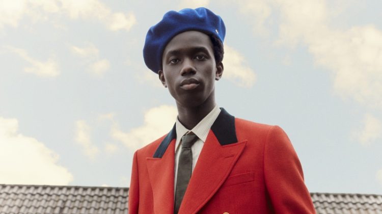 Mytheresa Men Exquisite Gucci Collection Fall 2022 Ibrahima Tall Model Red Suit Jacket Leather Pants Blue Beret