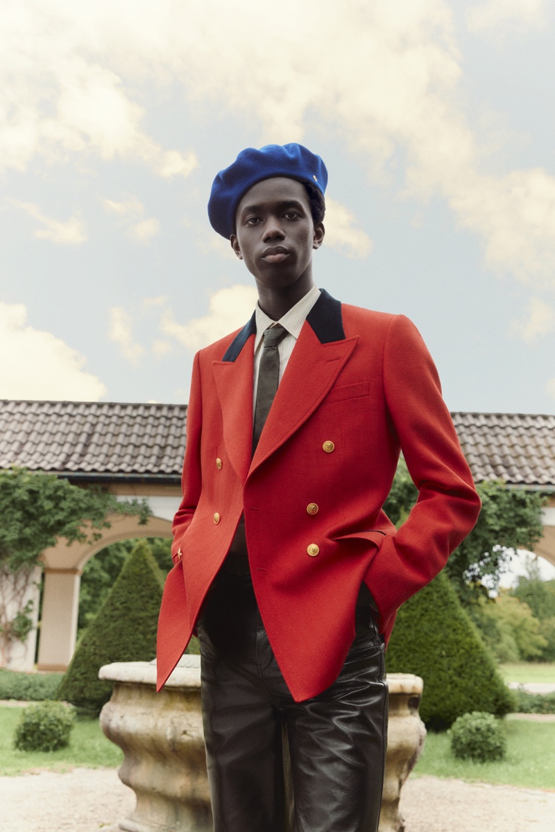 Mytheresa Men Exquisite Gucci Collection Fall 2022 Ibrahima Tall Model Red Suit Jacket Leather Pants Blue Beret