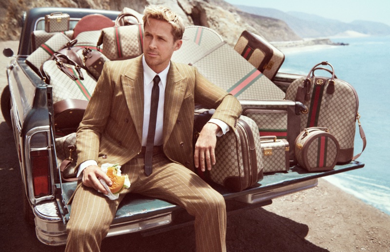 Ryan Gosling Pinstripe Suit Gucci Valigeria Campaign 2022 » Ryan Gosling Draws Luggage Envy in Gucci Valigeria Campaign Ryan Gosling Pinstripe Suit Gucci Valigeria Campaign 2022