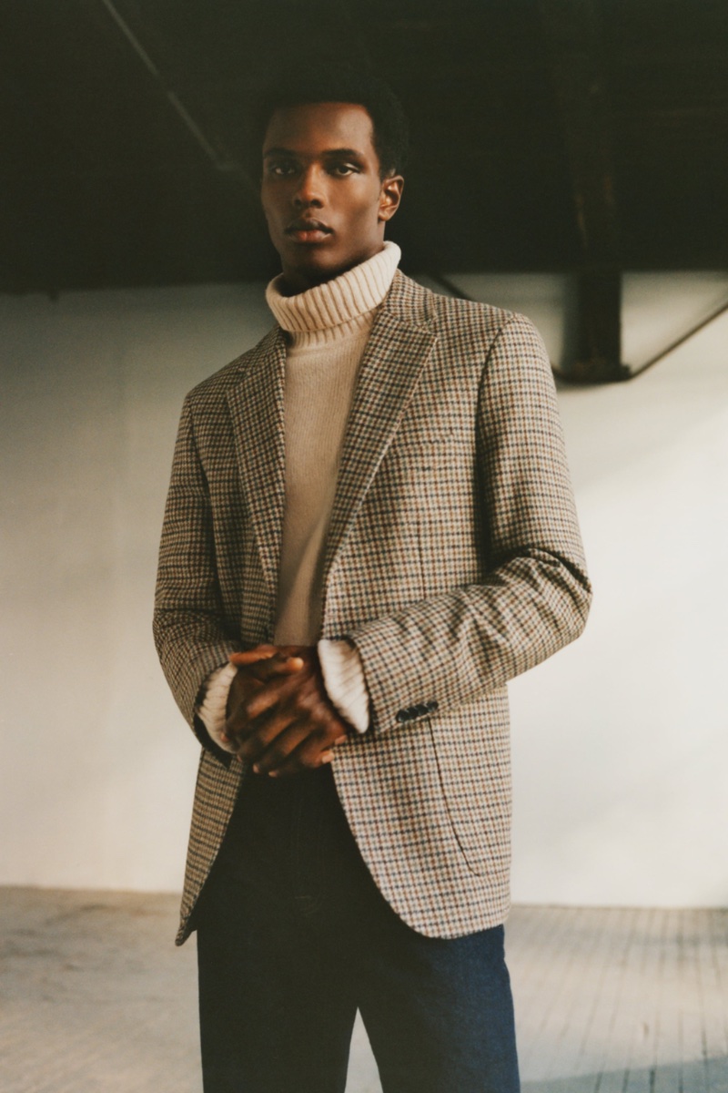 Zara Man Fall 2022 Somali Findlay Model Wool Check Blazer Turtleneck Sweater