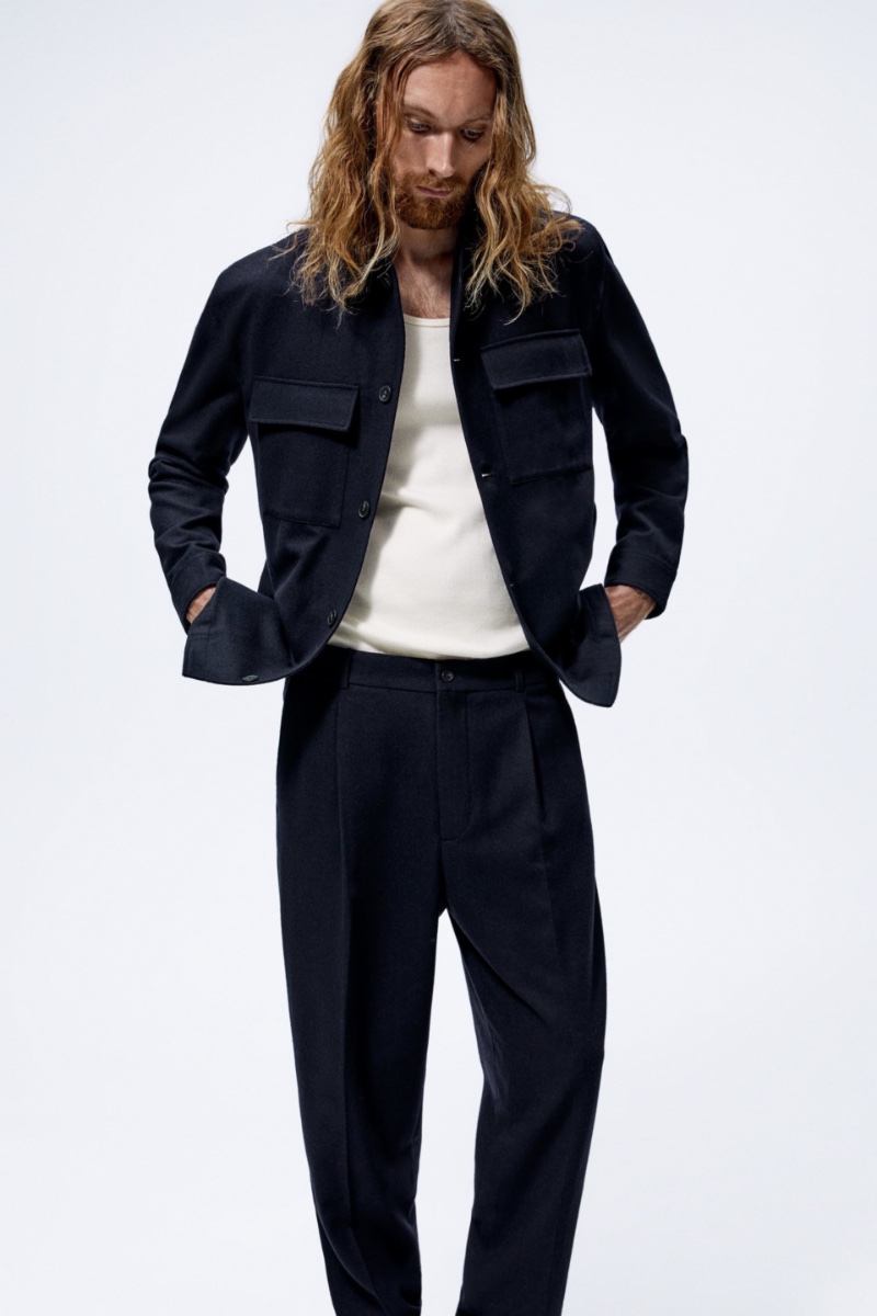 Zara Man Fall 2022 Aiden Andrews Model Navy Workwear-inspired Overshirt