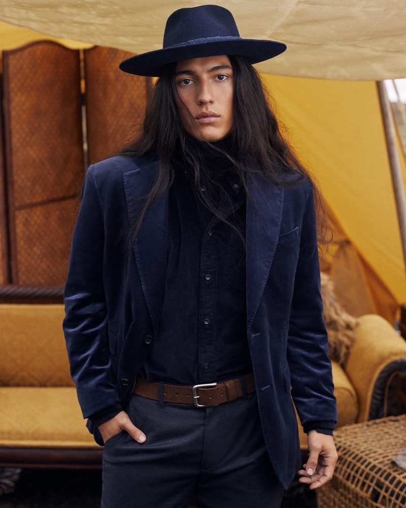 Cherokee Jack makes a luxe statement in a velvet jacket from Banana Republic.