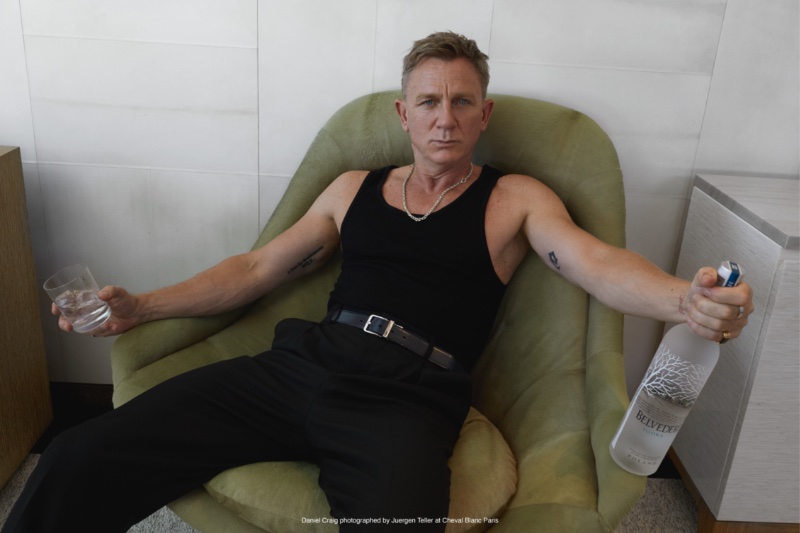 Dressed all in black, Daniel Craig sports a tank and trousers for Belvedere's new campaign.