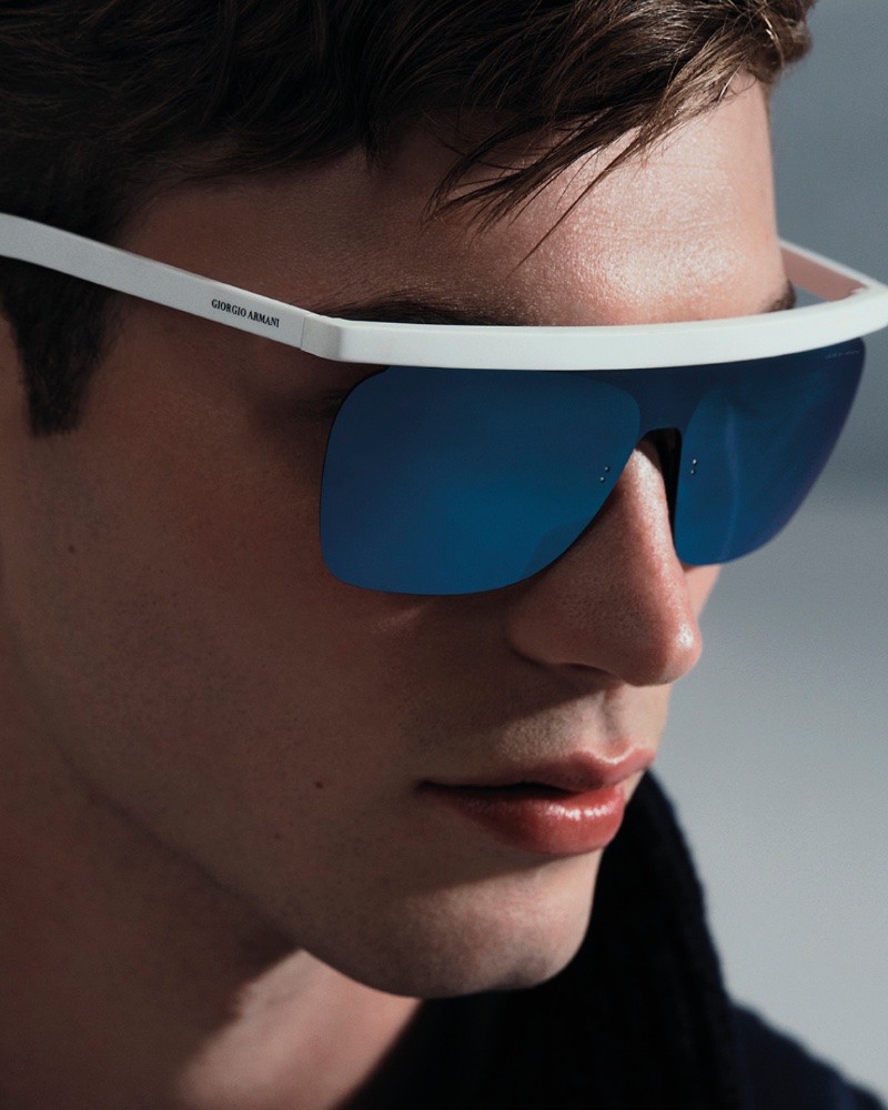 Ready to hit the slopes, Kit Butler showcases eyewear from Giorgio Armani Neve.