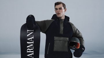 British model Kit Butler is ready to hit the slopes in a look from Giorgio Armani Neve.