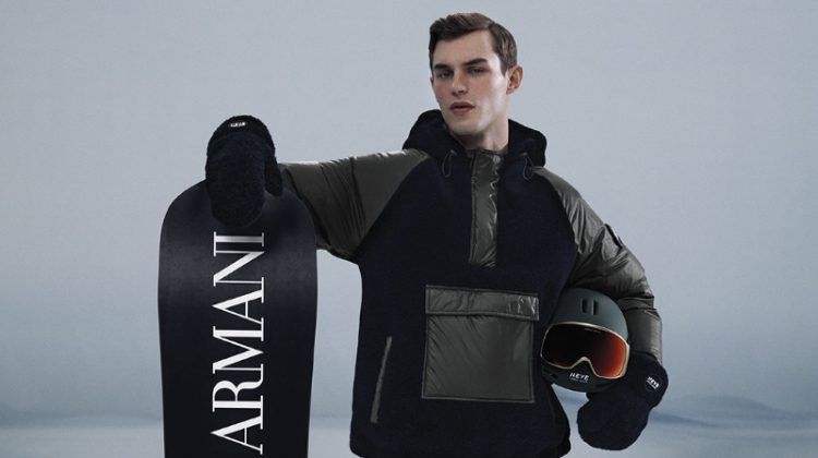British model Kit Butler is ready to hit the slopes in a look from Giorgio Armani Neve.