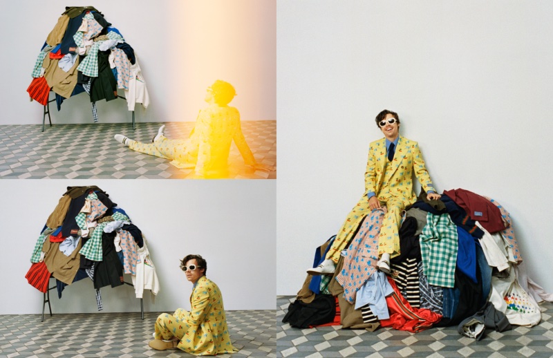 Harry Styles Gucci HA HA HA Campaign 2022 Yellow Patterned Suit » Harry Styles Plays Dress Up for Gucci HA HA HA Campaign Harry Styles Gucci HA HA HA Campaign 2022 Yellow Patterned Suit