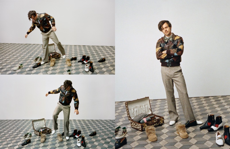 Harry Styles Gucci HA HA HA Campaign 2022 Mixed Leather Jacket » Harry Styles Plays Dress Up for Gucci HA HA HA Campaign Harry Styles Gucci HA HA HA Campaign 2022 Mixed Leather Jacket