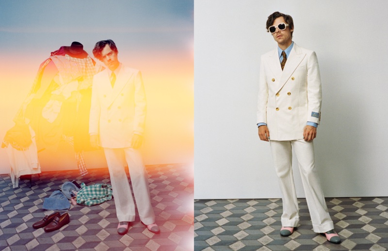 Harry Styles Gucci HA HA HA Campaign 2022 Double-breasted White Suit » Harry Styles Plays Dress Up for Gucci HA HA HA Campaign Harry Styles Gucci HA HA HA Campaign 2022 Double-breasted White Suit