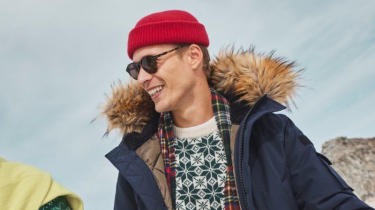 J.Crew Nordic Parka with PrimaLoft, Lambswool Fair Isle Crewneck Sweater, Classic Relaxed-fit Jeans in Two-year Wash, Italian Leather Pull-up Single-prong Buckle Belt, Bungalow Sunglasses, Cashmere Beanie, and Joshua Ellis for J.Crew Cashmere Scarf in Tartan