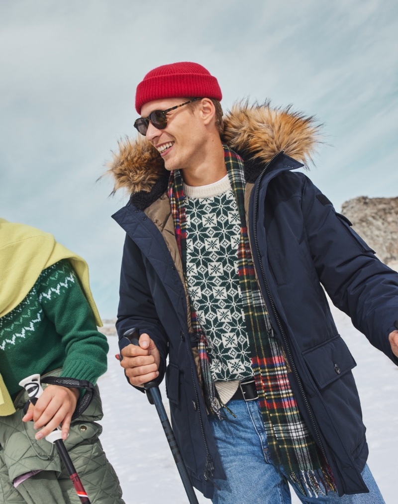 J.Crew Nordic Parka with PrimaLoft, Lambswool Fair Isle Crewneck Sweater, Classic Relaxed-fit Jeans in Two-year Wash, Italian Leather Pull-up Single-prong Buckle Belt, Bungalow Sunglasses, Cashmere Beanie, and Joshua Ellis for J.Crew Cashmere Scarf in Tartan