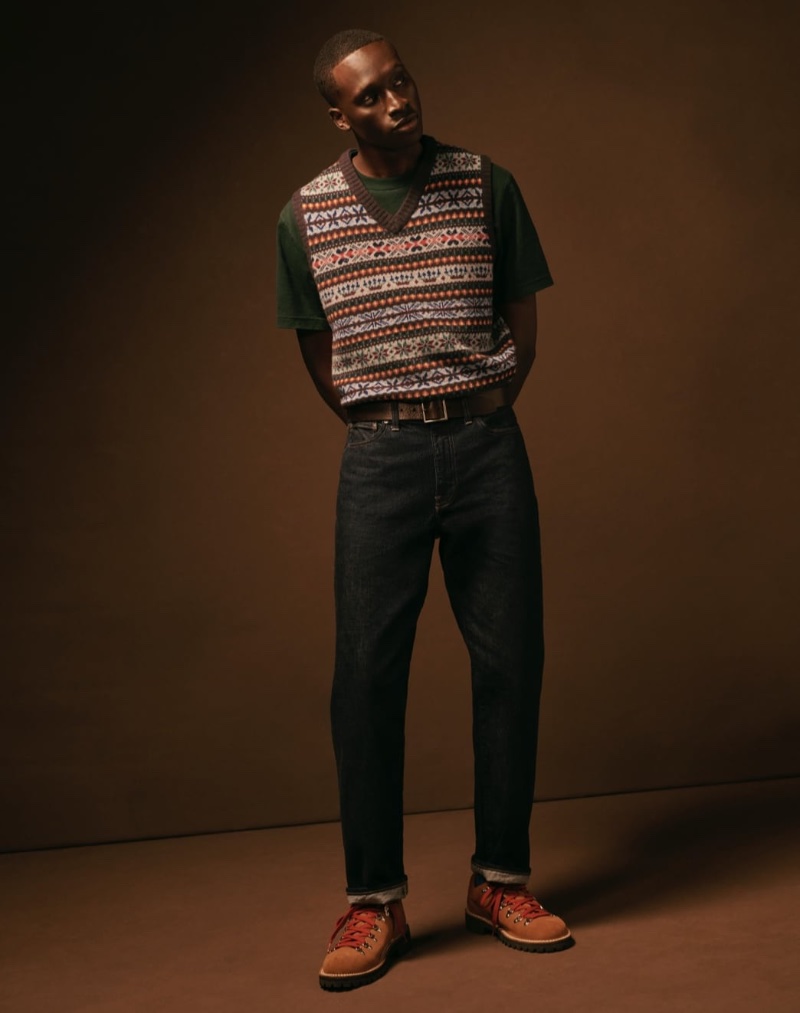 J.Crew Men Style November 2022 Baba Diop Model Sweater Vest Pocket T-shirt Jeans