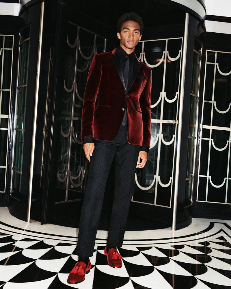 Jimmy Choo Men Campaign Winter 2022 Stan Taylor Model Red Velvet Loafers Tassels Slip-on