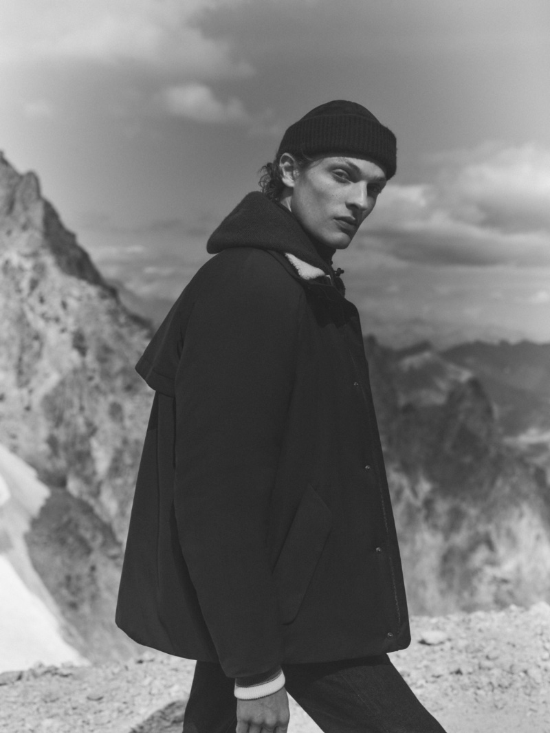 Appearing in a black-and-white photo, Valentin Caron fronts Loro Piana's holiday 2022 campaign.