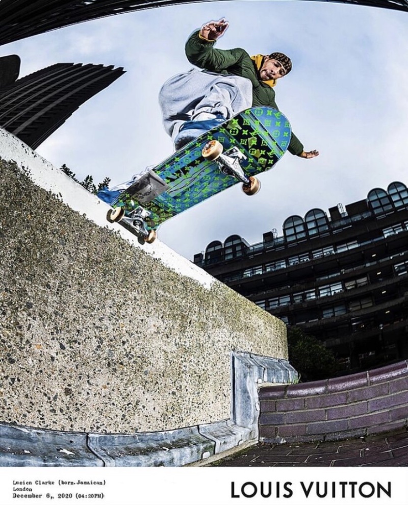 Palace team member Lucien Clarke takes the brand's Louis Vuitton skateboard deck for a test run.