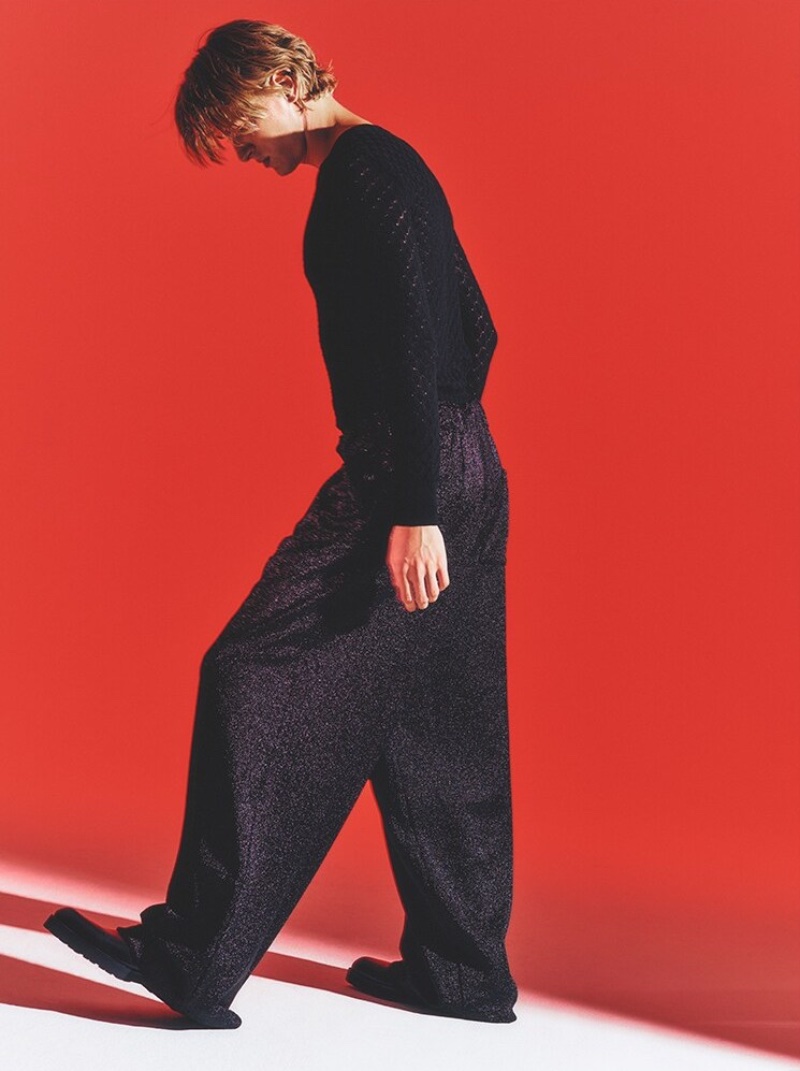 Dries Van Noten V-neck Knit Sweater, Lurex Jersey Sweatpants, and Leather Lace-up Derby Shoes