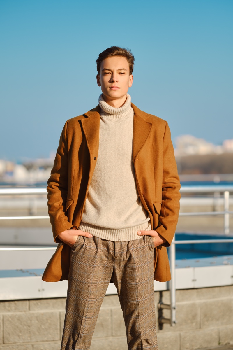 Male Model Brown Coat Turtleneck Sweater Outfit
