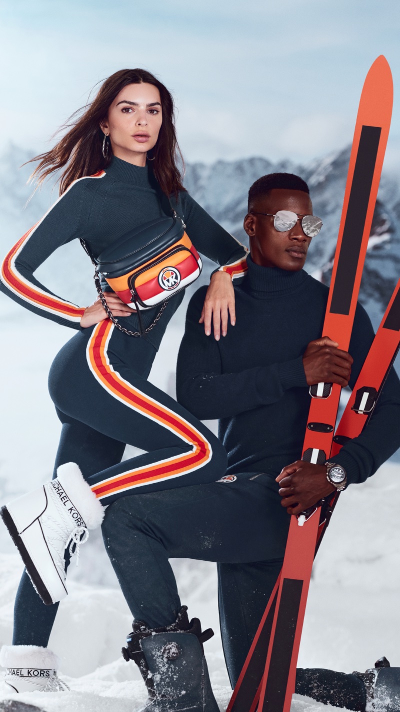 Emily Ratajkowski and David Agbodji front the Michael Kors x ellesse Ski capsule collection campaign.