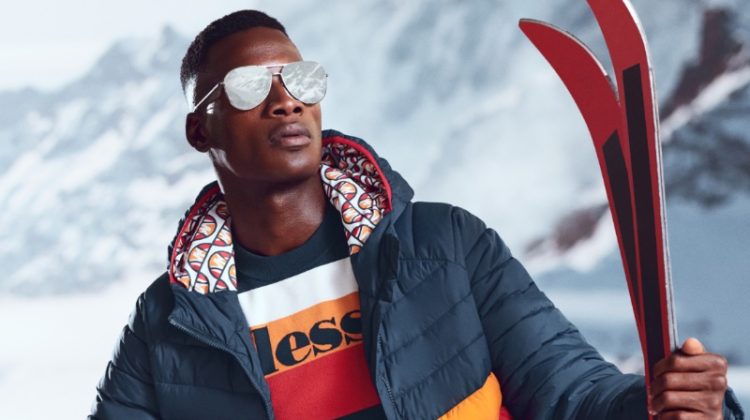 A stylish winter vision, David Agbodji appears in the Michael Kors x ellesse Ski capsule collection campaign.