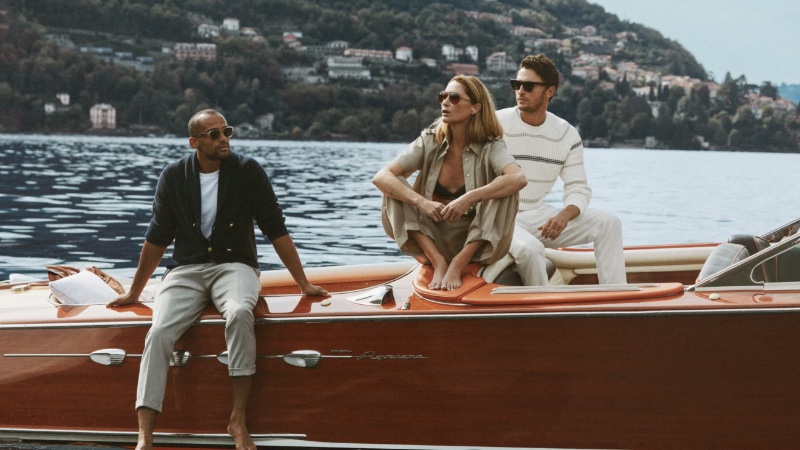 Models Remy Clerima, Erin Wasson, and Harvey Newton-Hayden front the Oliver Peoples x Brunello Cucinelli fall-winter 2022 collection campaign.