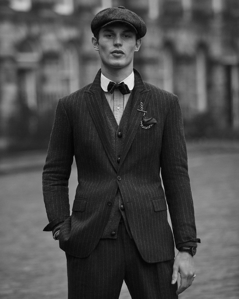 British model Kit Butler dons a pinstripe suit in a black-and-white photo for the Polo Originals Ralph Lauren campaign.