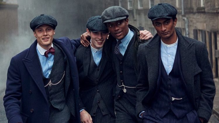 Models Hugh Laughton-Scott, Kit Butler, Hamid Onifade, and Rishi Robin don classic tailoring and newsboy caps for the fall-winter 2022 Polo Original Ralph Lauren campaign.