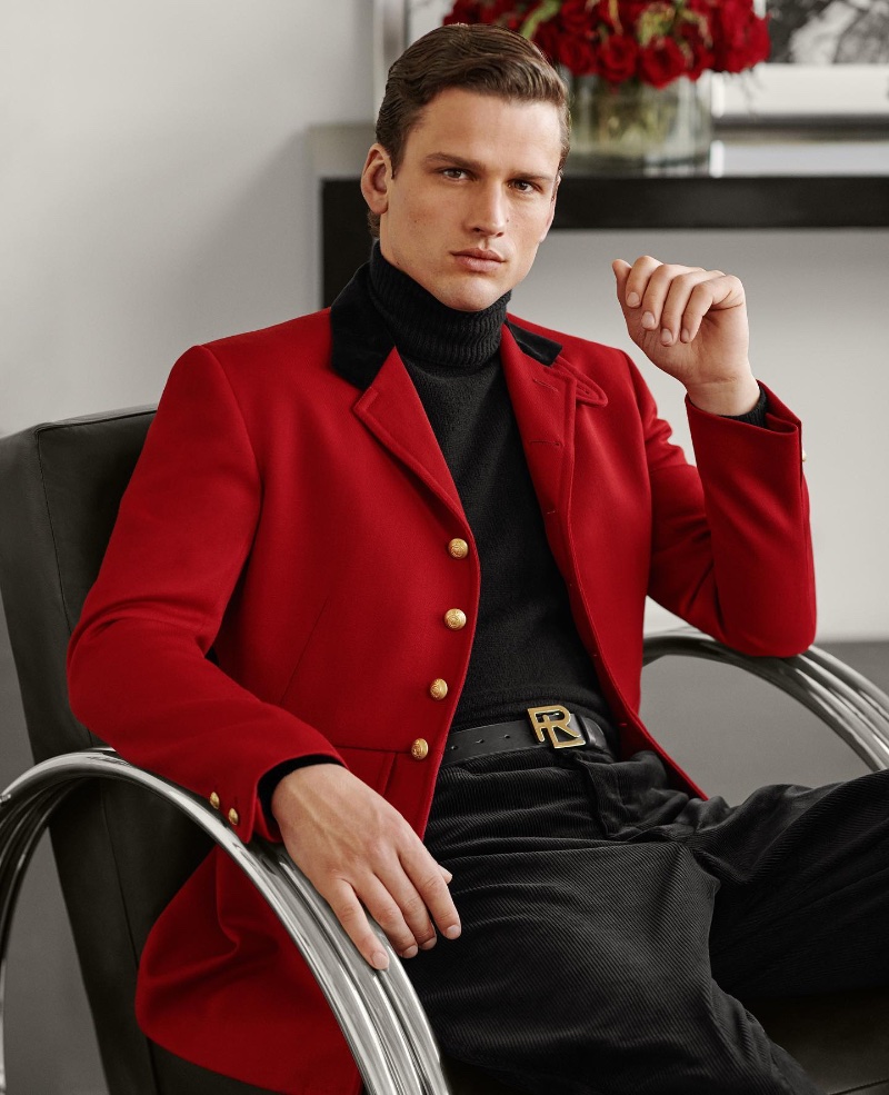 Simon Nessman fronts Ralph Lauren's holiday 2022 campaign in a red jacket. 