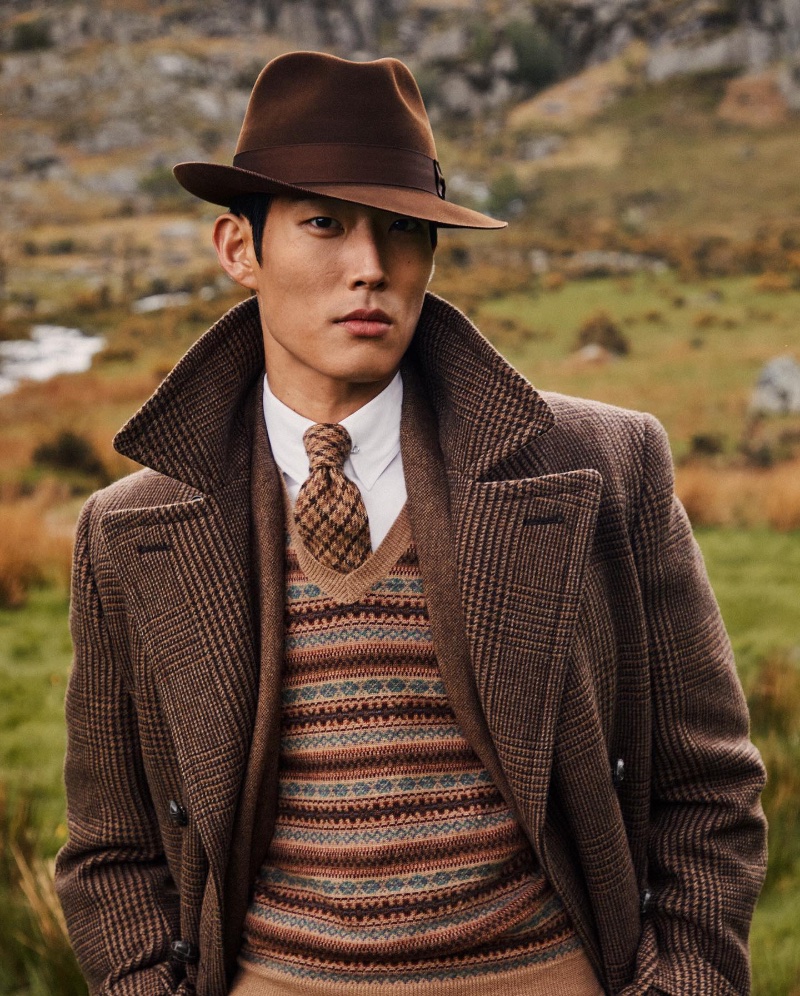 Juhyung Kang models Ralph Lauren Purple Label classics in shades of brown.