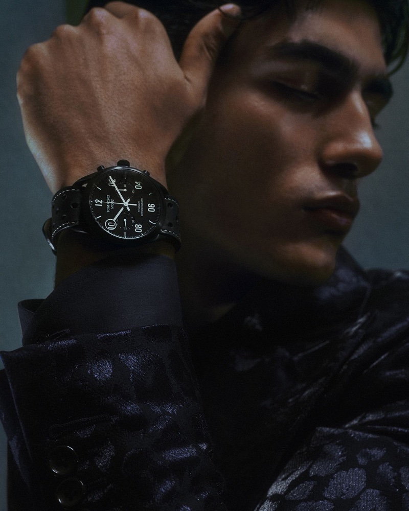Model Akbar Shamji wears Tom Ford's new 002 Limited Edition Chronograph Timepiece.
