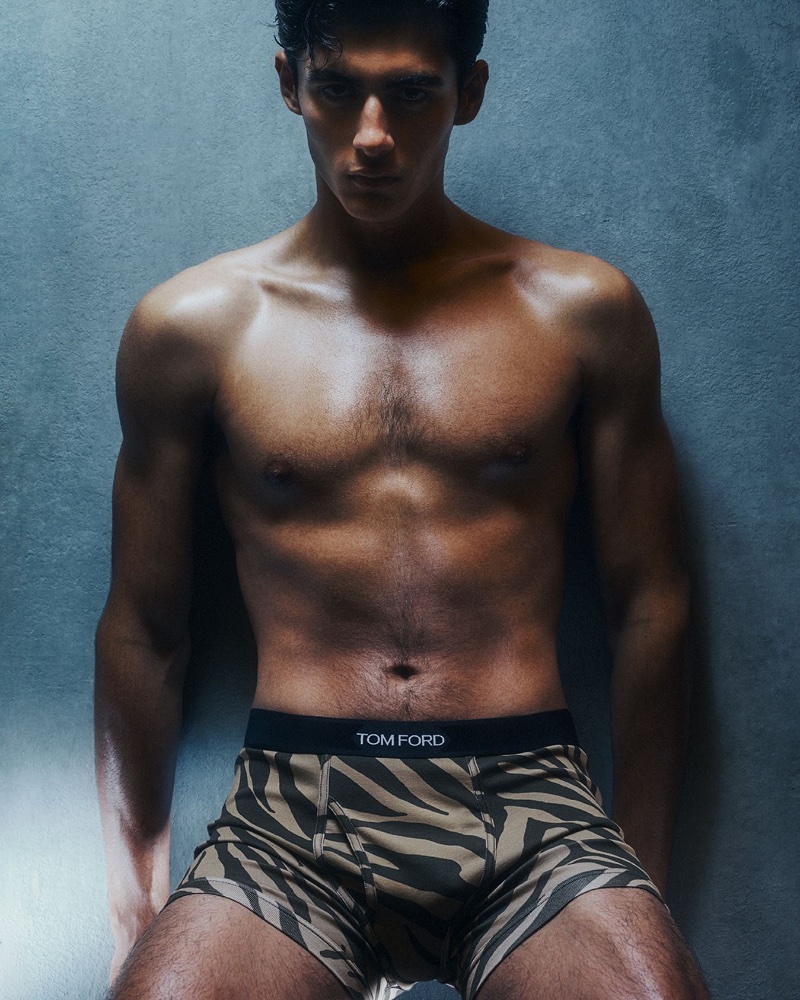 Embracing a wild print, model Akbar Shamji strips down to his Tom Ford underwear.