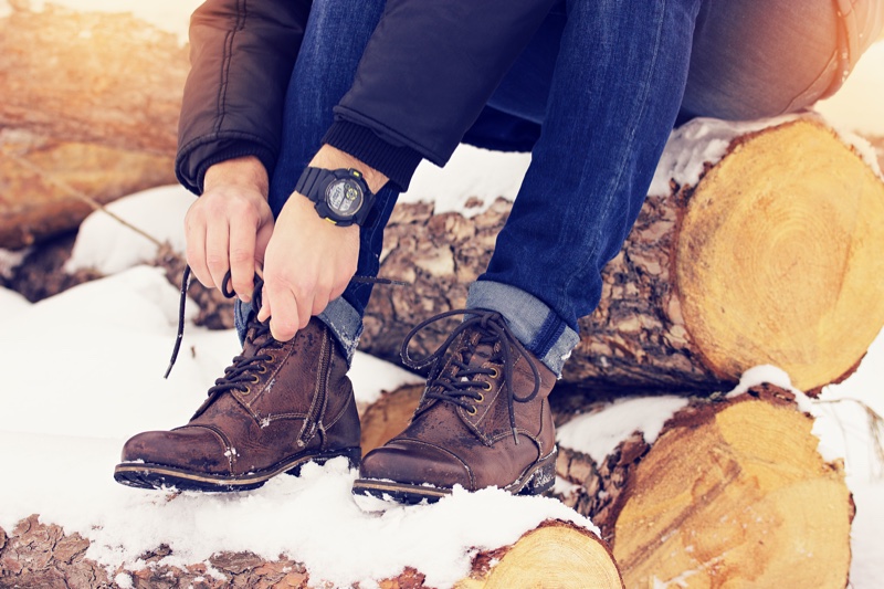 Tying Laces Winter Boots Watch Man