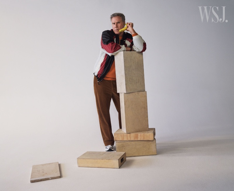 Appearing in a photoshoot for WSJ. Magazine, Will Ferrell wears an Isabel Marant jacket with a sweater by The Elder Statesman. Ferrell also sports Etro pants and Asics sneakers.