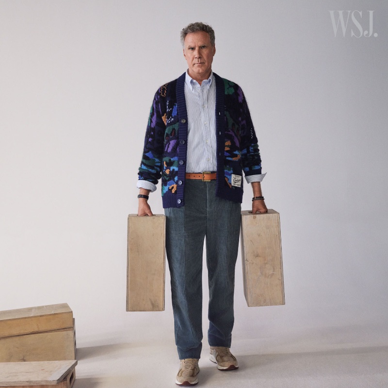 Taking up the spotlight, Will Ferrell dons a Missoni cardigan with a Brooks Brothers shirt, Loro Piana pants, an Artemas Quibble belt, and New Balance sneakers.
