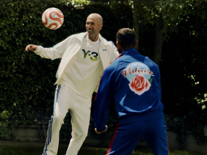 All smiles, Zinedine Zidane joins Lucas Puig for the Y-3 x Palace campaign.