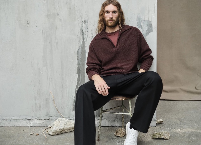 Zara Pleated Slacks V-neck Sweater with Collar T-shirt White Sneakers Aiden Andrews Model