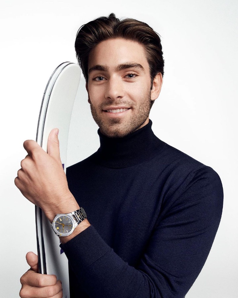 Skier Alexander Hall is a chic vision in a turtleneck for Movado's recent campaign.