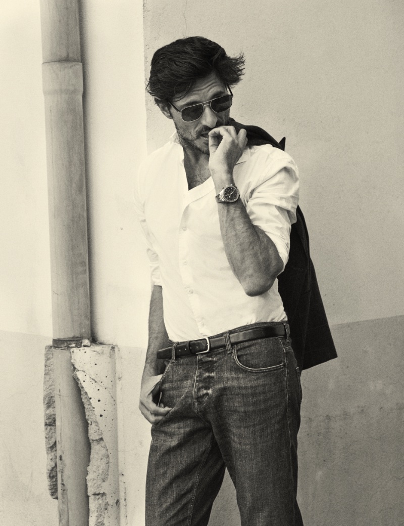 Andres Velencoso Martino Rivas Elle Spain Photoshoot 2022 003 Smart-casual in a classic look, Andrés Velencoso wears a Mirto blazer with a shirt and jeans by Ooto. He also dons a Zara belt, Prada sunglasses, and an Omega watch.