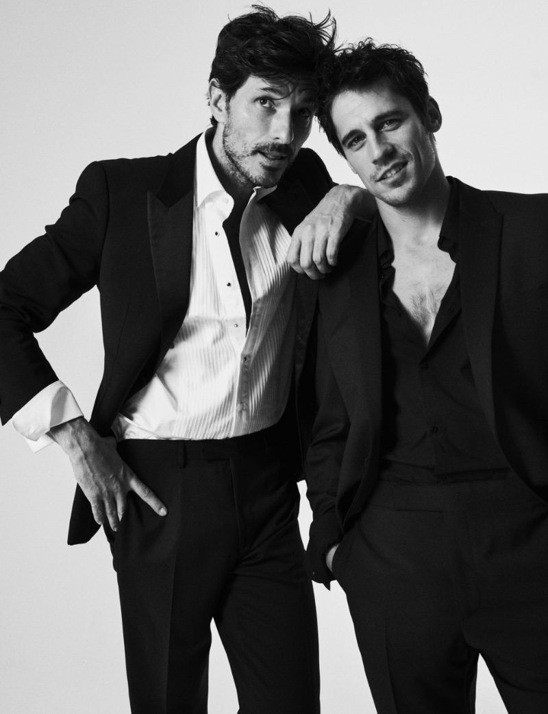 Andres Velencoso Martino Rivas Elle Spain Photoshoot 2022 004 Dressed to impress, Andrés Velencoso wears a Giorgio Armani tuxedo with a Mirto shirt while Martiño Rivas dons an Exigency for El Corte Inglés suit with an Emporio Armani shirt.