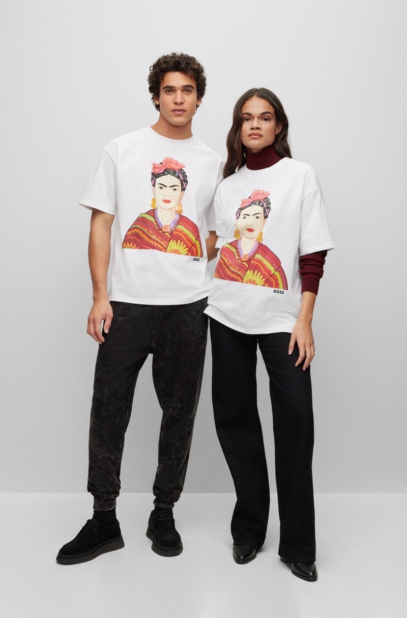 Models Jorge Rodes and Aricia Lima sports graphic organic t-shirts from the BOSS Legend Frida Kahlo capsule collection.