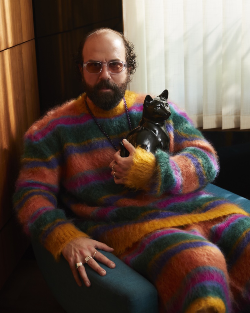Brett Gelman wears a striped Marni sweater and short set with Thierry Lasry sunglasses and a Needles beaded necklace. » Brett Gelman for Mr Porter: His Take on Fame, Style & Reality Brett Gelman wears a striped Marni sweater and short set with Thierry Lasry sunglasses and a Needles beaded necklace.